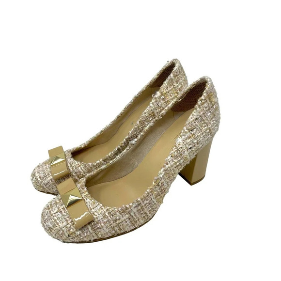 Kate Spade Tweed Patent Leather Bow High Heels Tan Nude Size US 7.5 - Picture 5 of 8